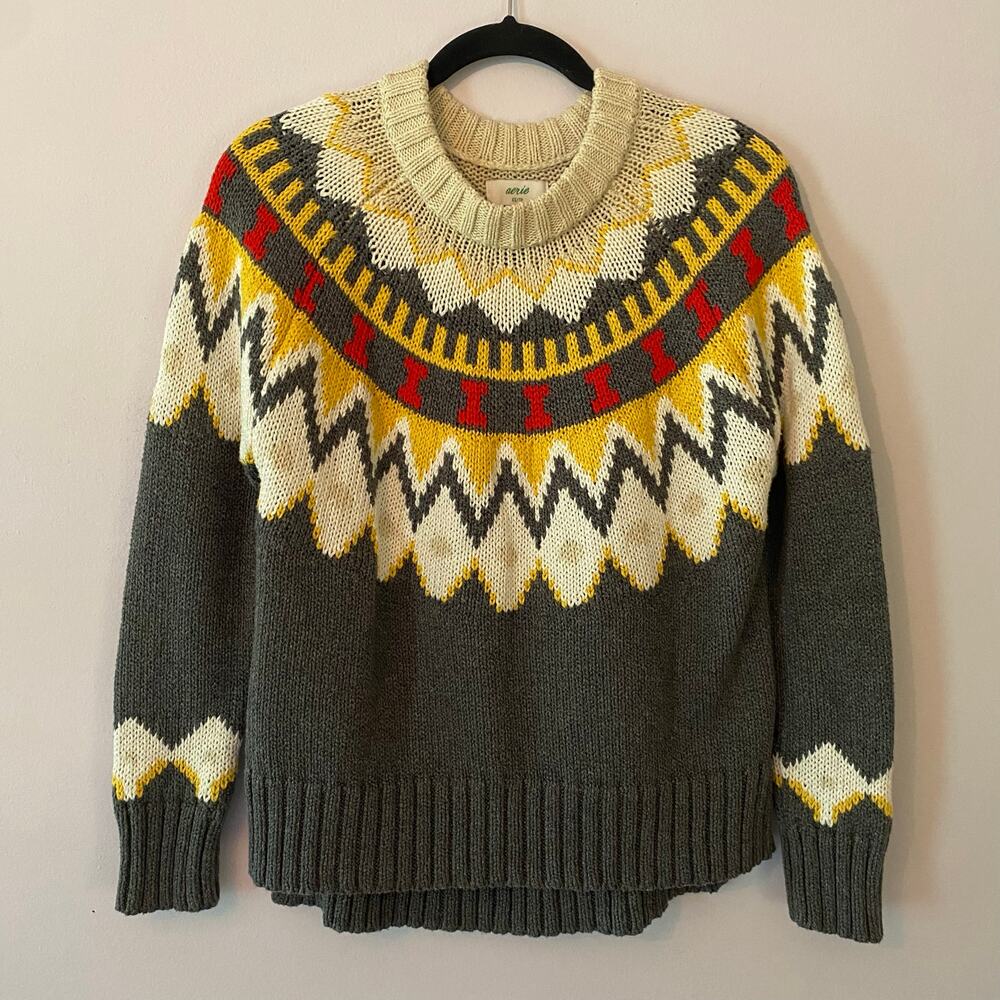 NWOT Aerie Colorful Crewneck Sweater Fair Isle Holiday Cotton Women's size XS